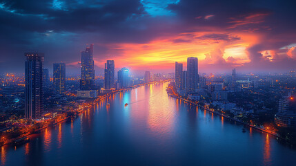 Fototapeta premium City Skyline at Dusk with Reflections on River