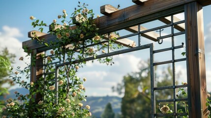 Craftsman-style trellis with a wooden frame and metal accents, designed to support climbing roses or ivy