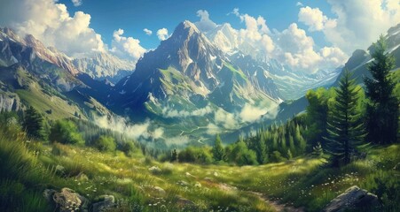 Stunning mountain landscape with lush green meadows, snow capped peaks, and a bright blue sky. Concept of nature, adventure, travel, and tranquility.