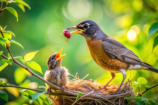 Tender mother bird delicately feeds plump worm to her chirping baby bird sitting comfortably in their cozy nest atop a lush green branch.