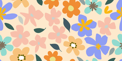 Exotic hand drawn flowers, seamless patterns with leaves for fabric, textiles, clothing, wrapping paper, cover, banner, home decor, abstract backgrounds.