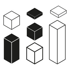 Black cube icons. Different perspectives view. Geometric shape outlines. Vector collection.