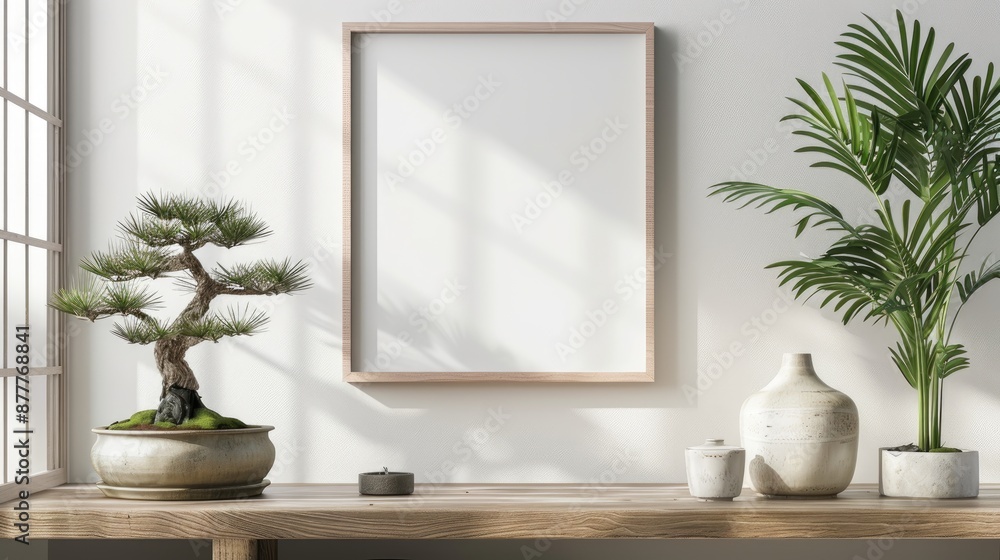 Aufkleber bonsai and palm trees in decor with mockup frame on white wall ample space for text or graphics auth