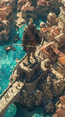 Miniature model of a Roman soldier standing guard over an ancient city, concept for history, war, strategy, and the Roman Empire
