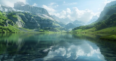 Serene Mountain Lake Reflecting Majestic Peaks. Breathtaking Landscape Photography of Nature's Beauty