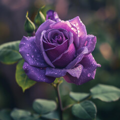 Close-up of purple rose with dew drops, dark green background, romantic floral image with copy space