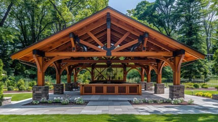 Naklejka premium Craftsman-style wooden pavilion with detailed roof trusses and open sides, providing a sheltered outdoor space