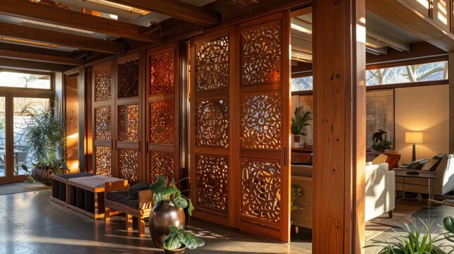 Craftsman-style wooden partition with intricate cutouts, dividing spaces while adding decorative appeal