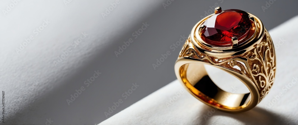 Poster gold ring with red gemstone on smooth reflective plain white background for banner background copy s
