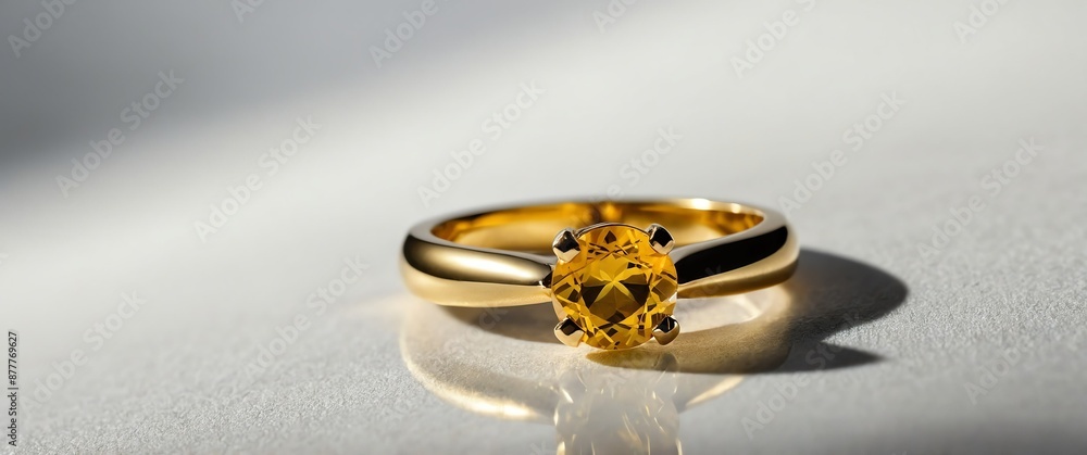 Poster gold ring with yellow gemstone on smooth reflective pl plain white background for banner background 
