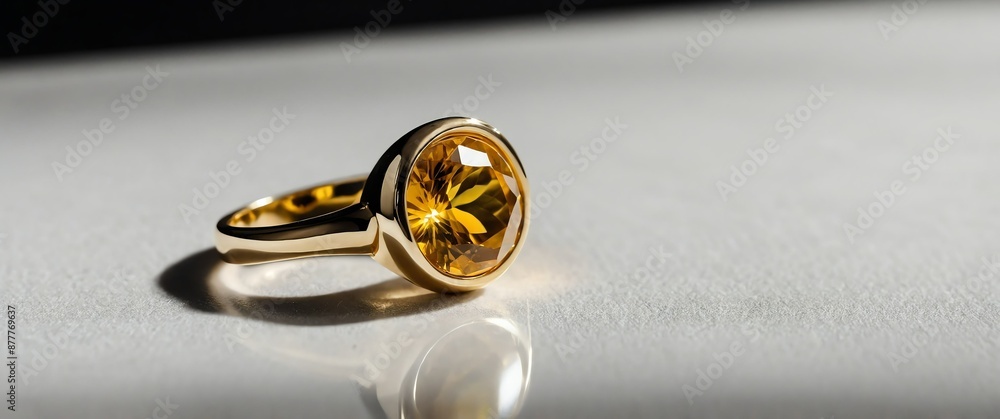 Poster gold ring with yellow gemstone on smooth reflective pl plain white background for banner background 