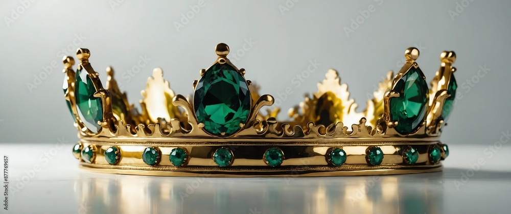 Poster green and gold shiny crown on smooth reflective plain white background for banner background copy sp