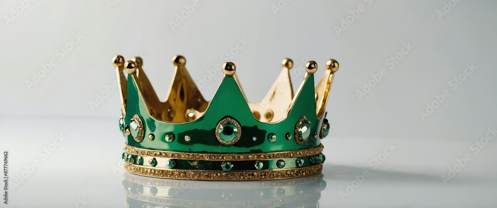 Poster green and gold shiny crown on smooth reflective plain white background for banner background copy sp