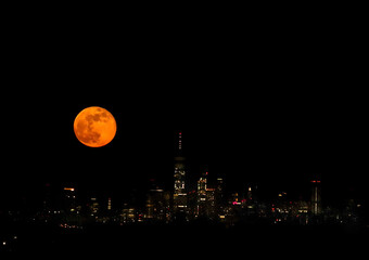 Orange moon New York City skyline