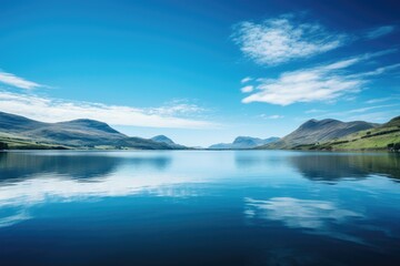 a lake with mountains in the background, clear blue sky reflected in calm mountain lake