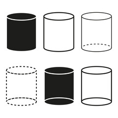 Cylinder shape icons. Different cylinder styles. Geometric vector symbols. Solid and dashed outlines.