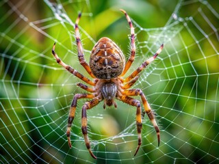 Delicate cross orbweaver spider, Araneus diadematus, sits proudly at the center of its intricate web, wrapped around freshly caught prey, amidst lush green natural surroundings.