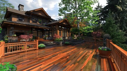 Obraz premium craftsman home with a wraparound wooden deck, complete with a handcrafted railing