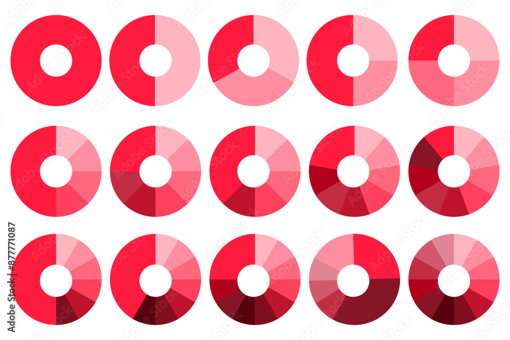 Poster set of red vector charts. circular donut charts collection. different red segments shown. suitable f