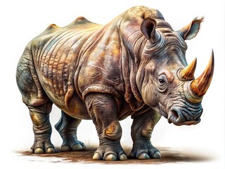 Fototapeta premium Highly detailed digital artwork of a majestic rhinoceros standing in a natural pose, showcasing its powerful build, rough textured skin, and fierce expression on a transparent background.