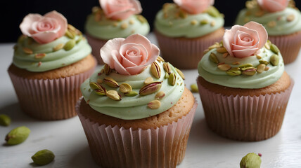 Pistachio flavored cupcake with edible rose on top