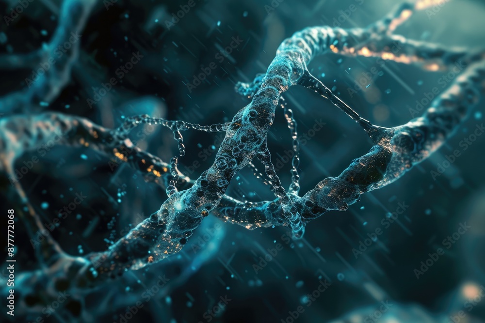 Poster a purple and blue dna strand with a blue background, microscopic ballet of chromosomes intertwining,
