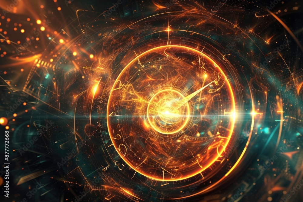 Poster a red light in a metal object, an atomic clock background symbolizing precision in timekeeping