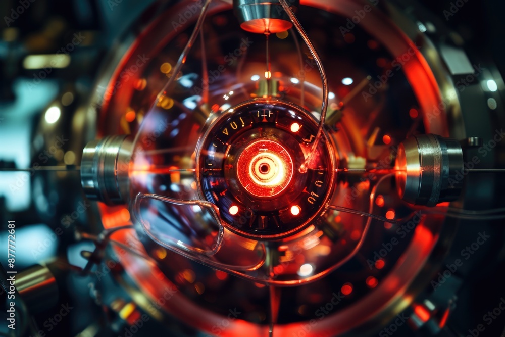 Poster a red light in a metal object, an atomic clock background symbolizing precision in timekeeping