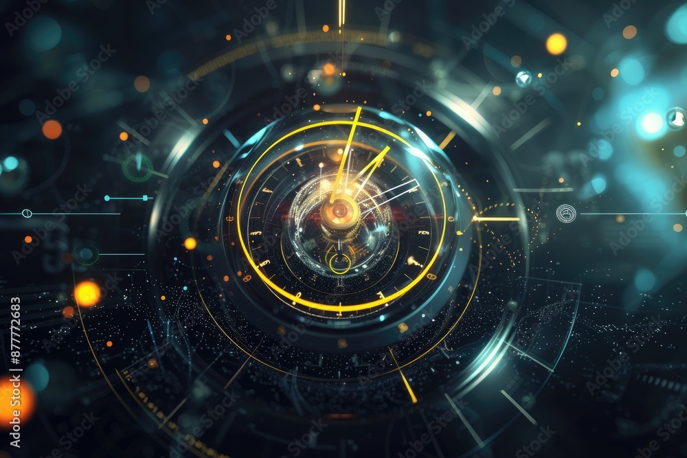 Poster a red light in a metal object, an atomic clock background symbolizing precision in timekeeping