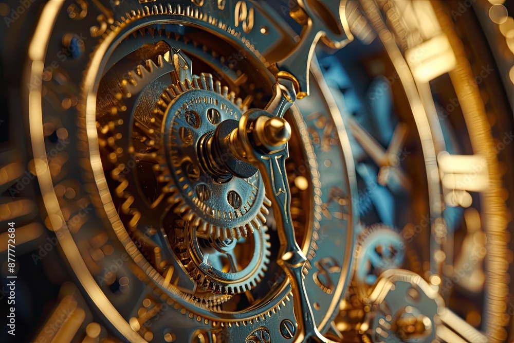 Poster a red light in a metal object, an atomic clock background symbolizing precision in timekeeping