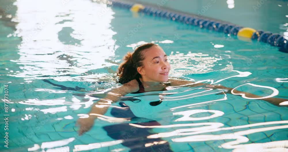 Poster Woman, swimming and exercise in pool for health with aquatic sports, wellness and competition practice. African swimmer, cardio workout and training for triathlon, race event and performance in water