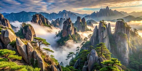 Majestic granite peaks of Huangshan Mountain rise above misty valleys and pine forests, evoking an otherworldly atmosphere reminiscent of a mythical ancient landscape.