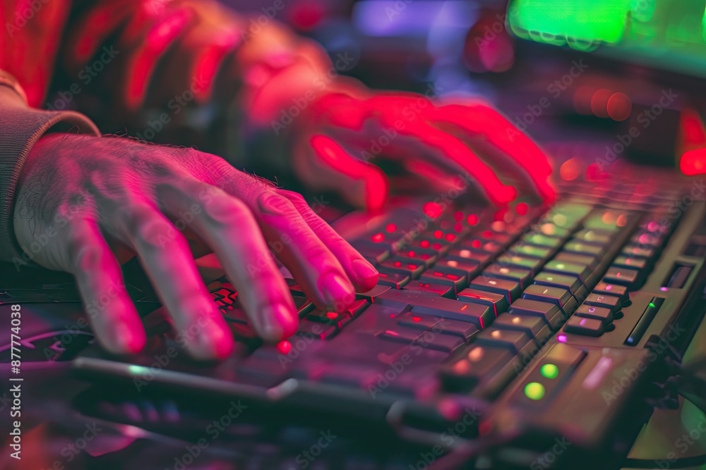 Poster a person typing on a keyboard with a red light, programmer's hands typing furiously, creating worlds