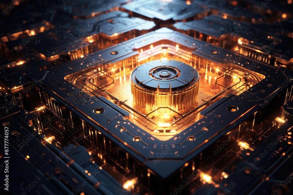 Poster a small computer with a circuit board inside of it, quantum computing system solving complex problem