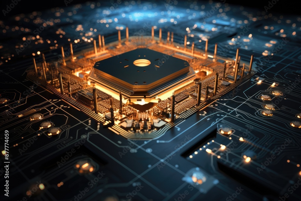 Poster a small computer with a circuit board inside of it, quantum computing system solving complex problem