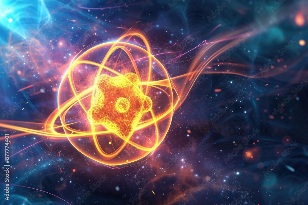 Poster a glowing orange object with a star in the middle, representation of the principles of nuclear physi