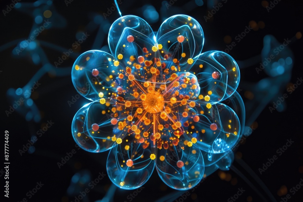 Poster a glowing orange object with a star in the middle, representation of the principles of nuclear physics and radioactivity