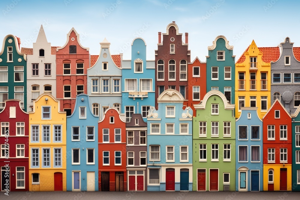 Poster a row of colorful buildings with a sky background, row of colorful houses built on top of each other, like whimsical cake