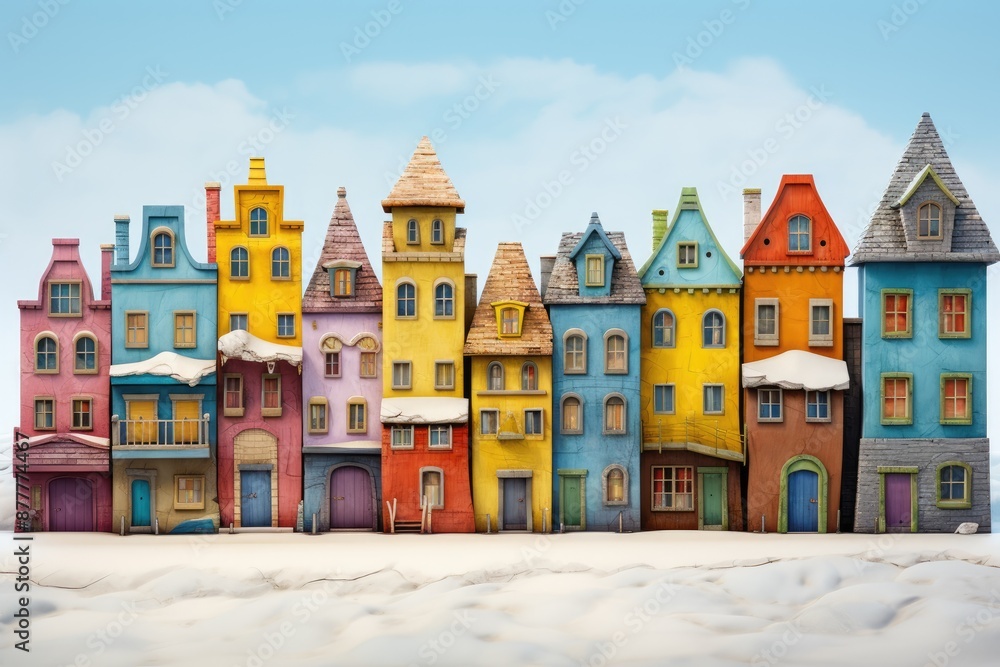 Poster a row of colorful buildings with a sky background, row of colorful houses built on top of each other, like whimsical cake