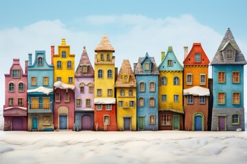 a row of colorful buildings with a sky background, row of colorful houses built on top of each other, like whimsical cake
