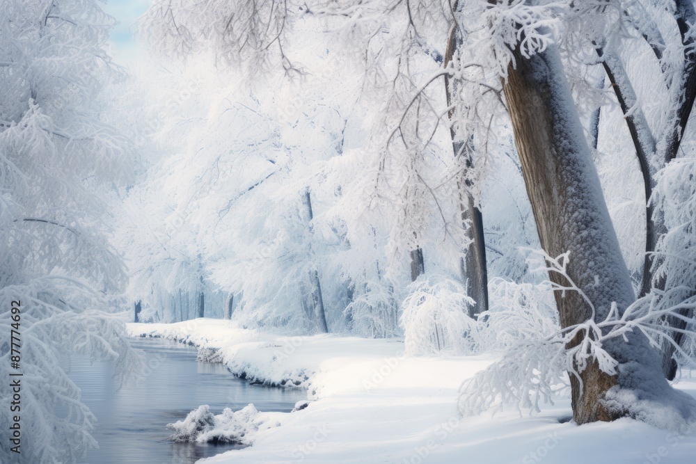 Poster a snowy river with trees and snow covered ground, snowy winter landscape with trees draped in white