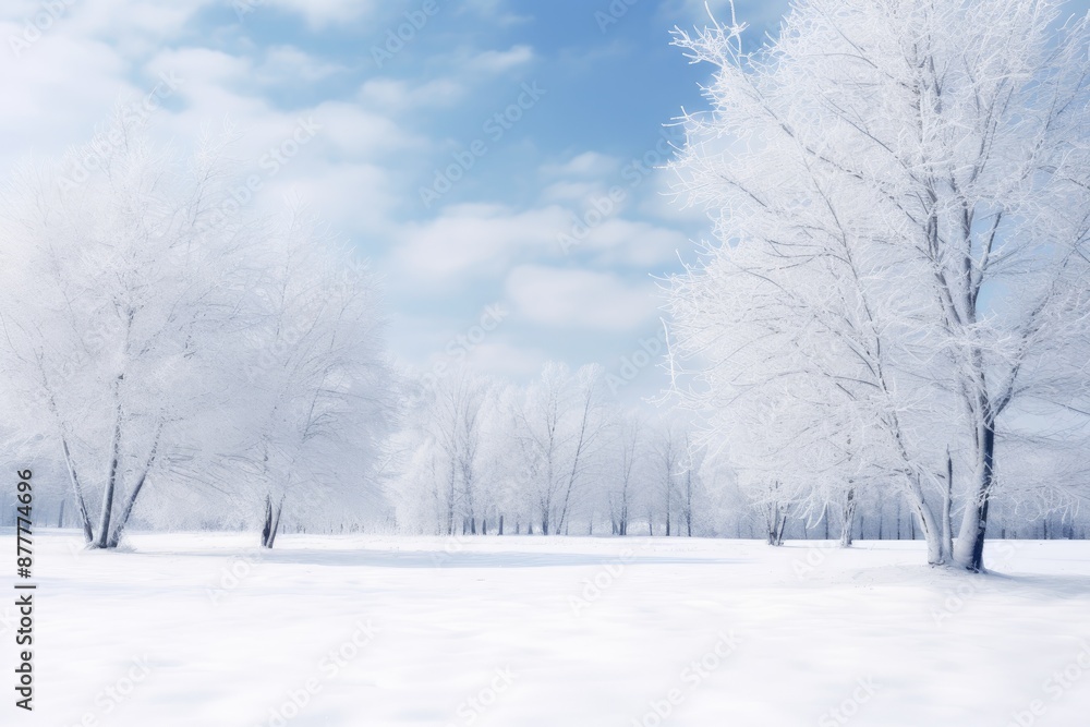 Poster a snowy river with trees and snow covered ground, snowy winter landscape with trees draped in white