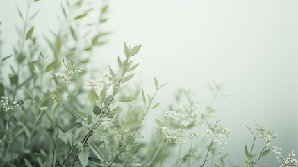Lush Green Plants and Flowers in a Mystical Foggy Sky with Delicate White Blooms in the Foreground