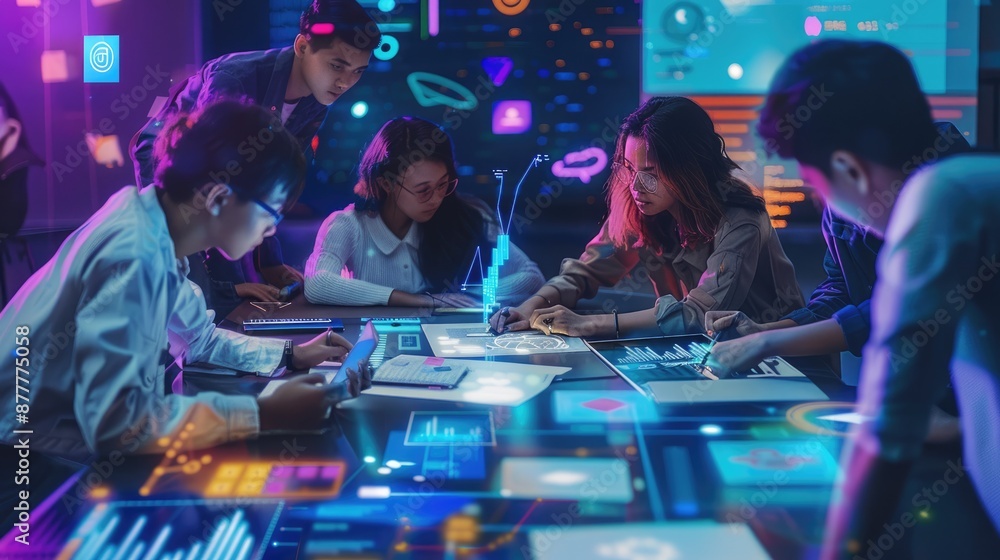 Aufkleber in a futuristic educational environment, children are seen utilizing a touchscreen device with an ai