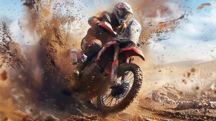 Motorcyclist riding a rally motorcycle through mud and dirt