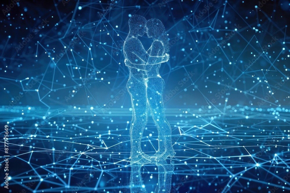 Poster connection of business partners in front of blue background with lines representing collaboration an