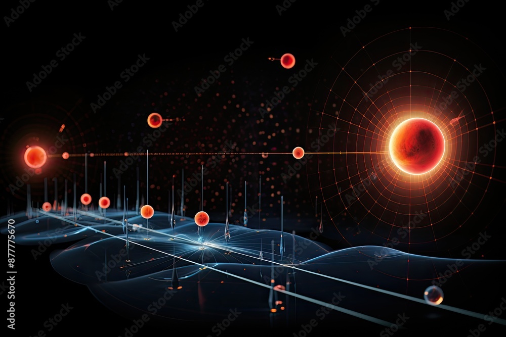 Poster a dark background with a bright light and a wave of water, visualization of the heisenberg uncertain
