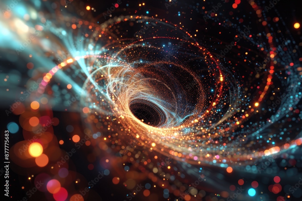 Poster a black hole surrounded by bright lights, visualization of the heisenberg uncertainty principle in q