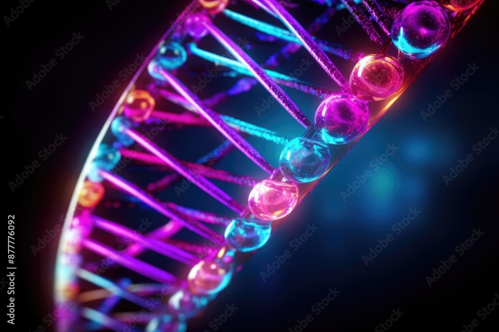 Poster a glowing dna structure in the dark, dnhelix rendered in neon colors, pulsating with life