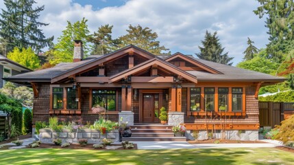 Obraz premium suburban craftsman home exterior with hand-carved wood trims and a natural stone foundation